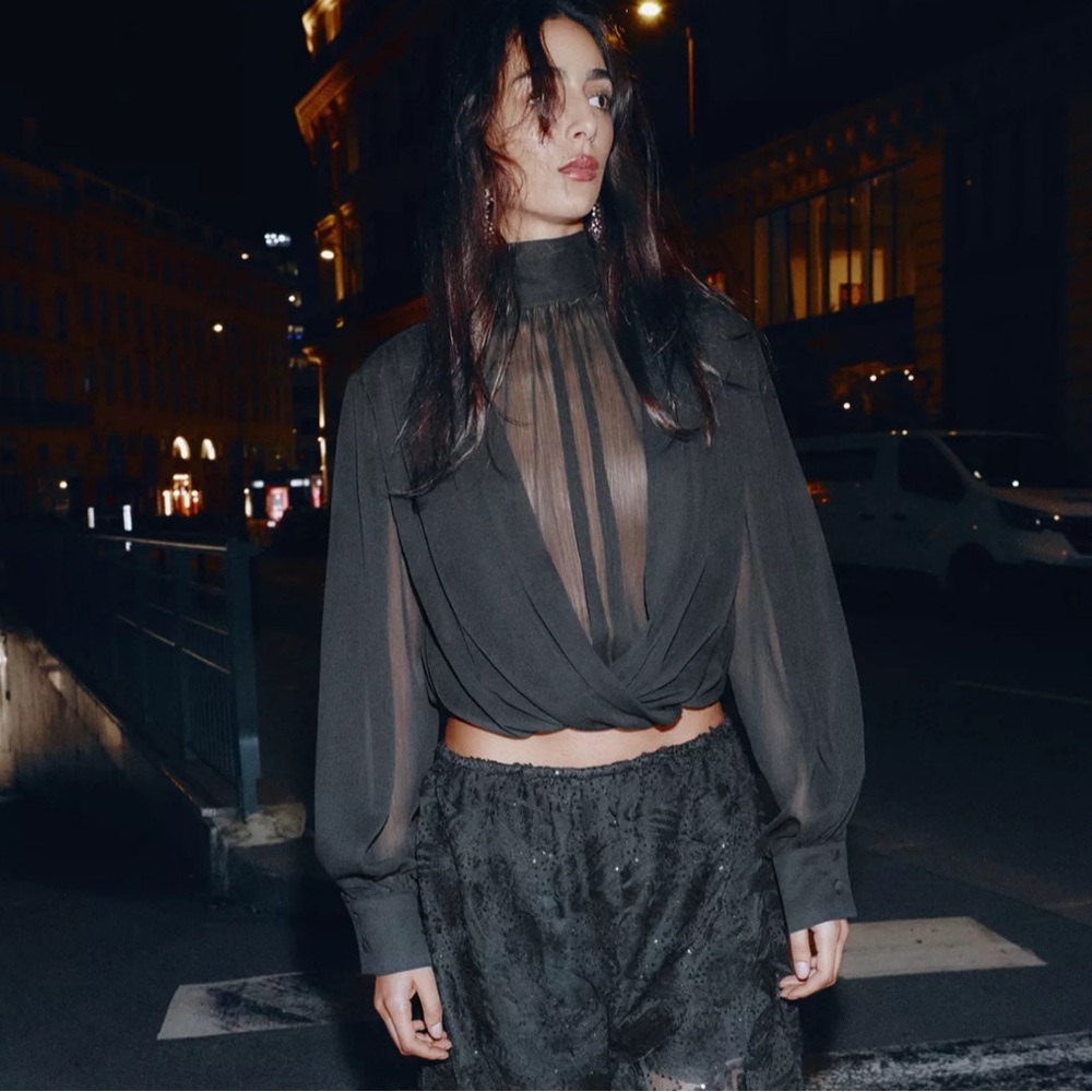 Zara DRAPED SEMI-SHEER PUFF SLEEVE TOP